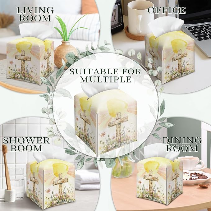 Cross and Wildflowers Tissue Box Cover Square, Religious Easter Waterproof - Image 6
