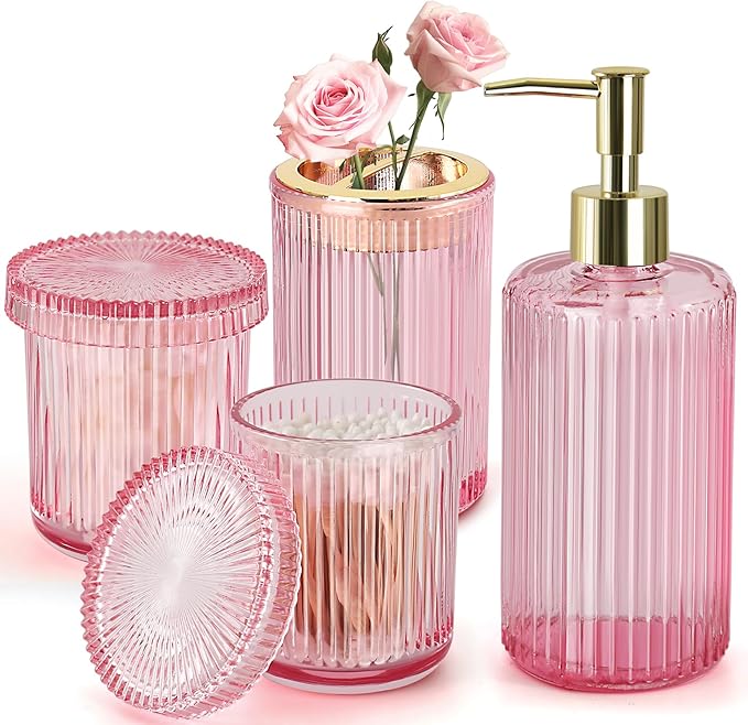 Pink Bathroom Accessories Set, 4 Pack Ribbed Grils Soap Dispenser and by RYTOXILOBrightenUpYourHome