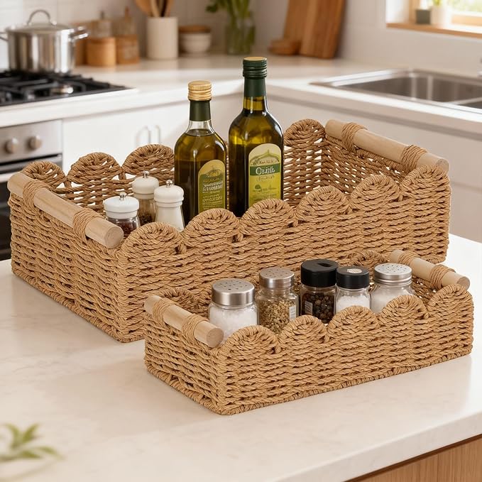 Set of 2 Paper Rope Scalloped Edge Decor Baskets, Small Storage Basket and - Image 5