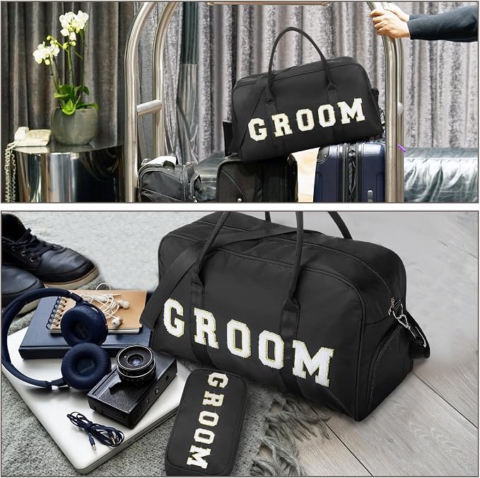 2 Pcs Wedding Weekender Bag Bride Groom Duffle Bag Chenille Letter Patch Travel - Image 4