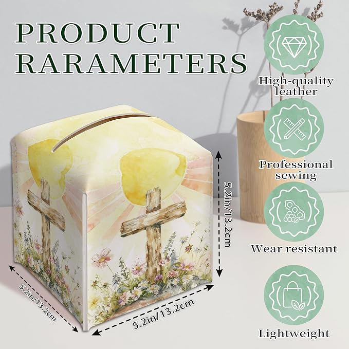 Cross and Wildflowers Tissue Box Cover Square, Religious Easter Waterproof - Image 2