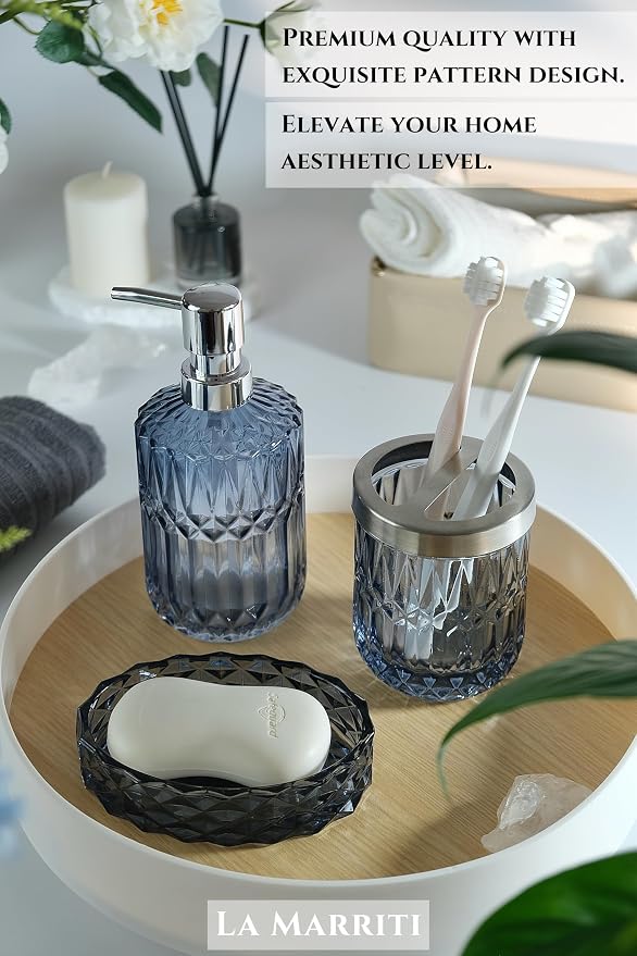 Blue Bathroom Accessories Set, Lotion Soap Dispenser, Toothbrush Holder - Image 4
