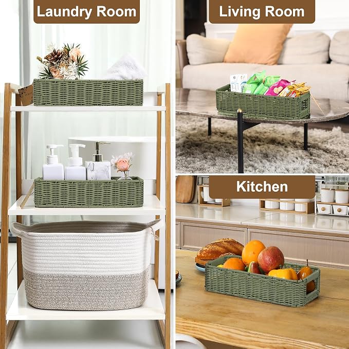 Small Resin Wicker Basket: Waterproof Sage Green Vanity Organizer 2-Pack - Image 7