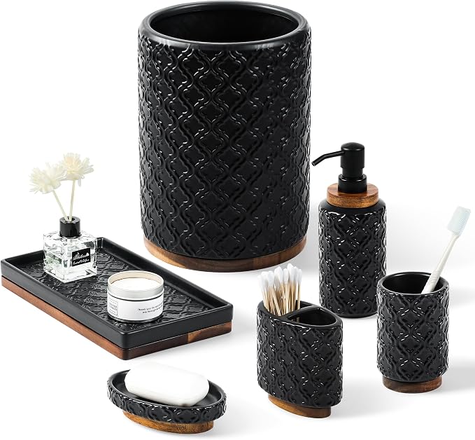 Elegant Bathroom Accessories Set 6 PCS Ceramic and Wood Bathroom Accessory Set - Image 2