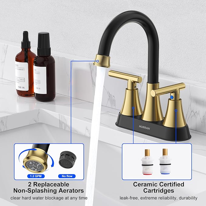 Bathroom Faucets for Sink 3 Hole, Hurran 4 inch Black and Gold Bathroom Sink - Image 5