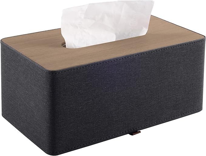 High-end Pu Leather Tissue Box Holder Two Color Combination-Linen and Wood Grain by RHCSZ