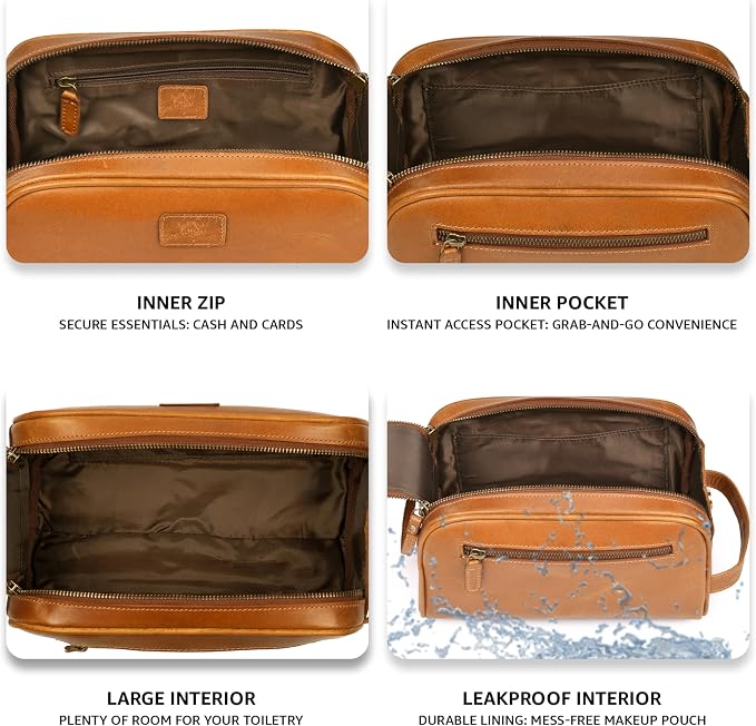 Premium Leather King Size Toiletry Travel Pouch – Handcrafted Dopp Kit Bag - Image 3