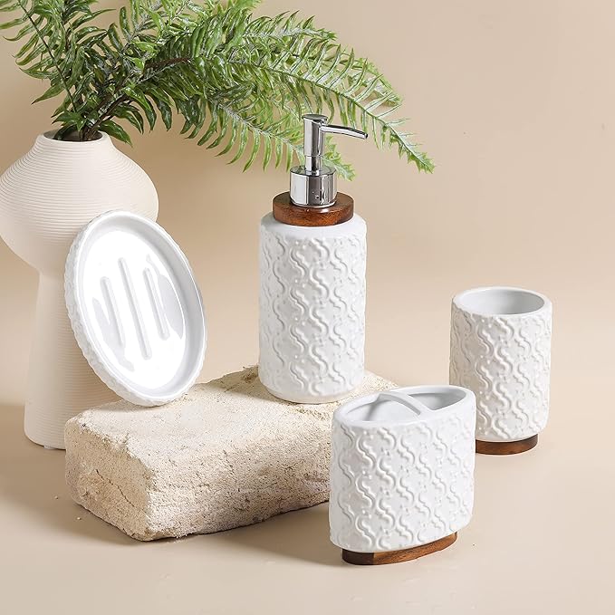 Elegant Bathroom Accessories Set 4 PCS Ceramic and Wood Bathroom Accessory Set - Image 2