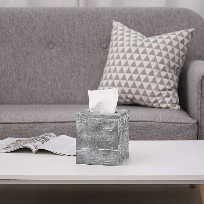 MyGift Graywashed Wood Decorative Tissue Box Holder Cover, Bathroom Facial - Image 2