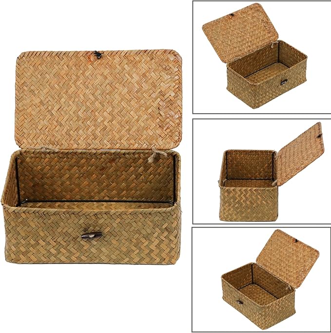 Wicker Basket with Lid, Natural Seagrass Storage Baskets - Image 6
