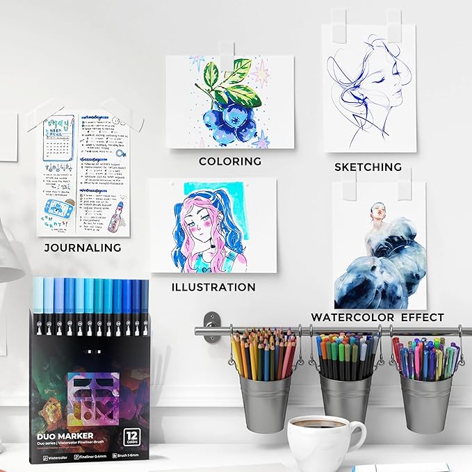 Blue Duo Tip Marker Pens, 12 Pack Fine & Brush Markers - Image 6