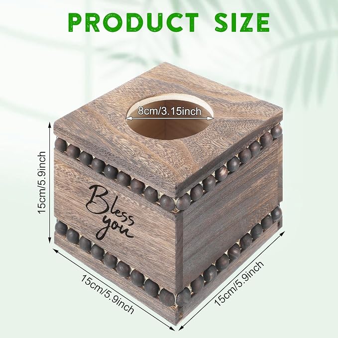Bless You Beaded Square Tissue Box Cover, Rustic Farmhouse Vintage Wooden - Image 2