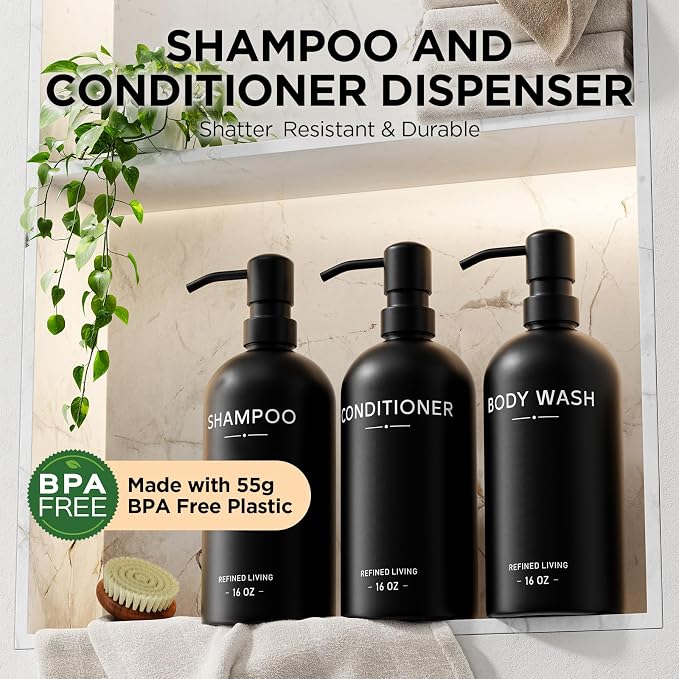 Shampoo and Conditioner Dispenser Set, 3 Refillable 16oz Bottles - Image 2