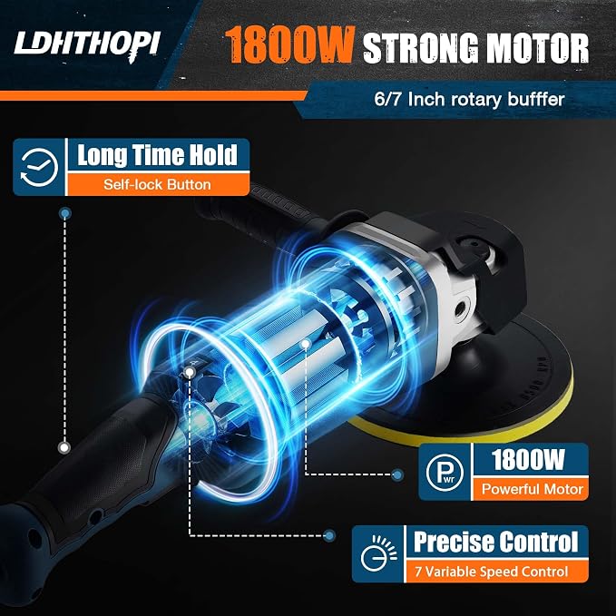 LDHTHOPI Buffer Polisher, 1800W 6 inch/7 inch Rotary Buffer Polisher Waxer - Image 2
