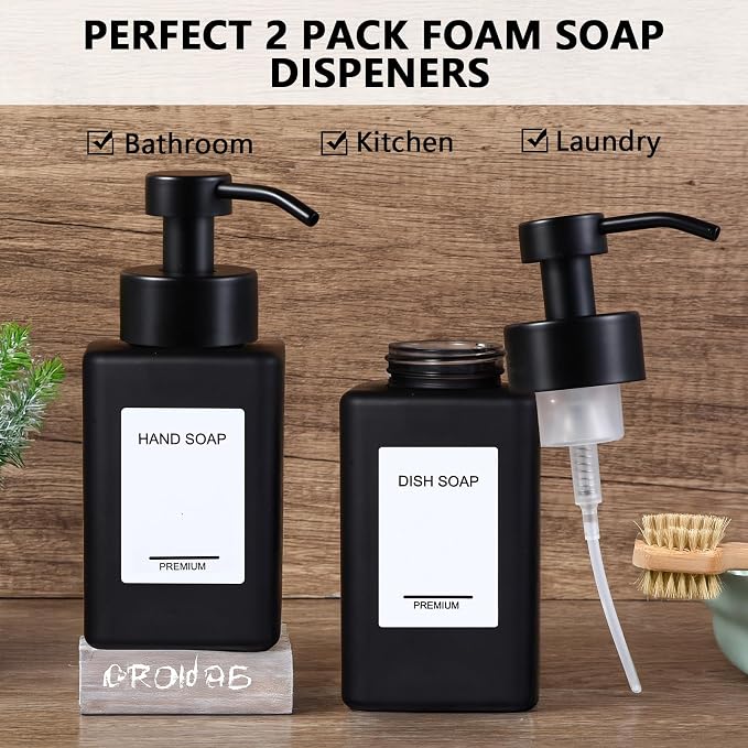 Black Foaming Hand Soap Dispenser 2 Pack, 12oz/350ml Glass Foaming Soap - Image 6