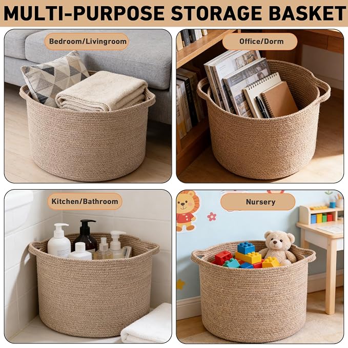 65L Large Blanket Basket, 19.7" L x 19.7" W x 13" H Rope Woven Baskets - Image 5