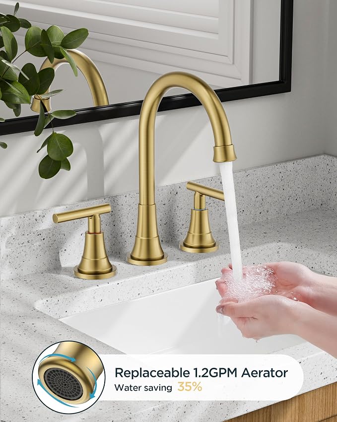 FORIOUS Gold Bathroom facuet 3 Hole, 8 inch Brushed Gold Bathroom Sink Faucet - Image 2