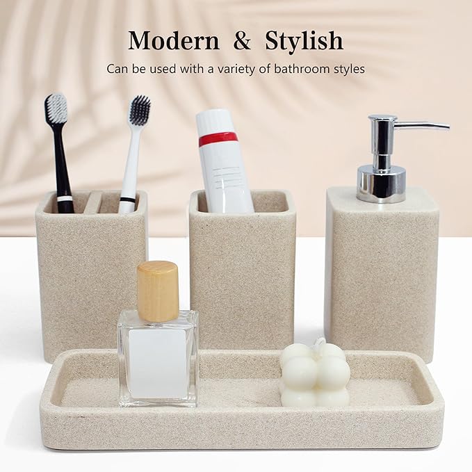 Bathroom Accessories Set, Soap Dispenser, Toothbrush Holder, Qtip Holder Set - Image 2