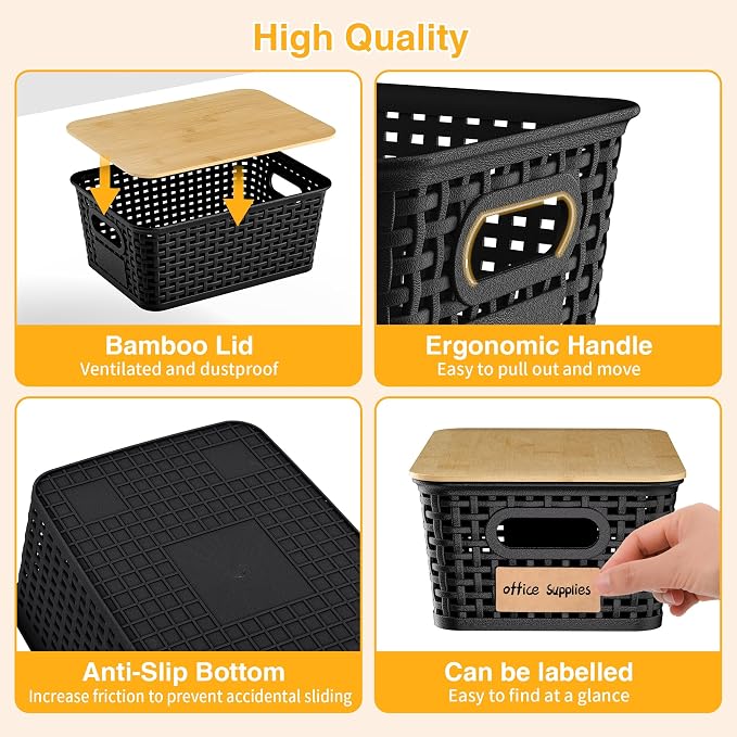 Plastic Storage Baskets with Bamboo Lids and Labels, Stackable Storage - Image 6