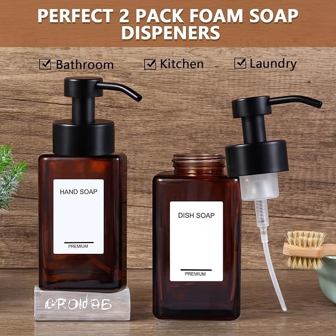 Foaming Hand Soap Dispenser 2 Pack, 12oz/350ml Amber Glass Foaming Soap - Image 6