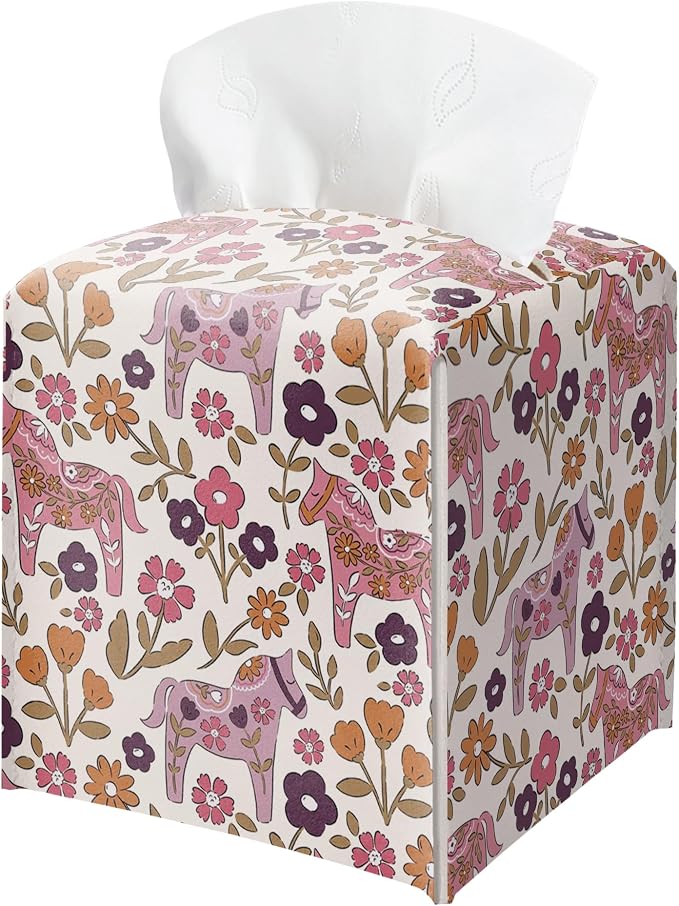 Vintage Floral Horse Tissue Box Cover, Square PU Leather Tissue Holder by BGFMVS