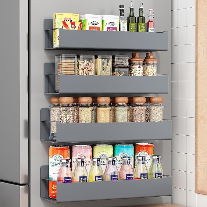 4 Pack Moveable Fridge Magnetic Spice Racks, Metal Grey by HOMESTORAGE