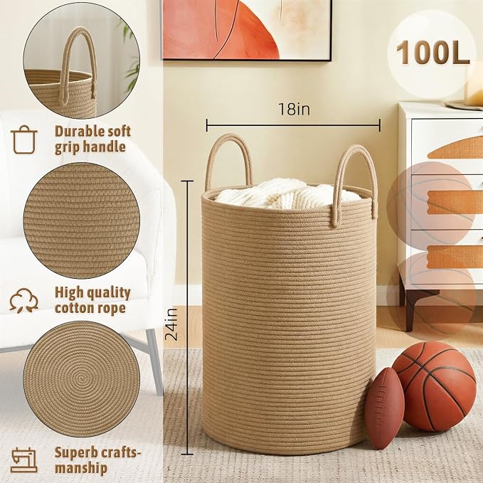 Laundry Basket, Woven Cotton Rope Laundry Hamper, 100L - Image 6