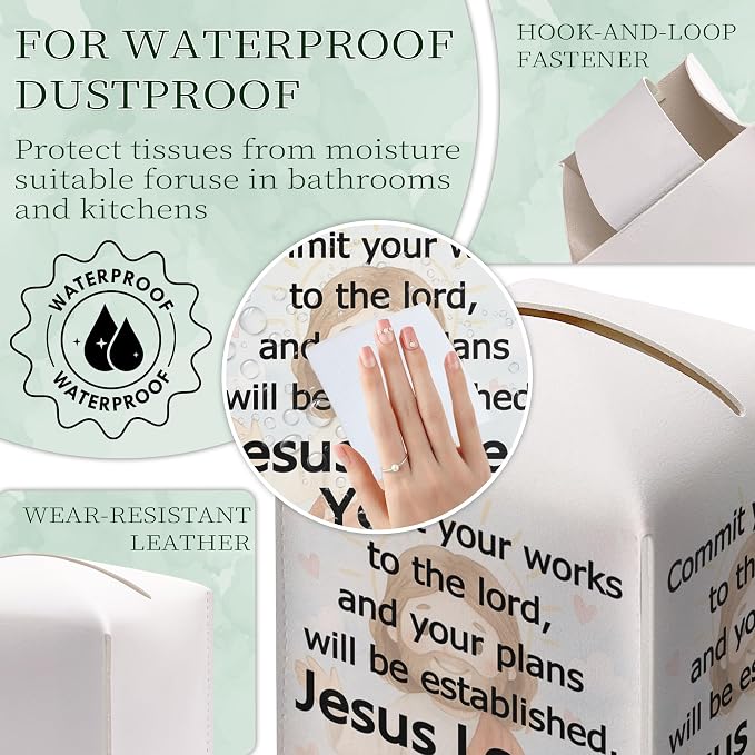 Christian Square Tissue Box Cover, PU Leather Drawstring Bottom - Image 7