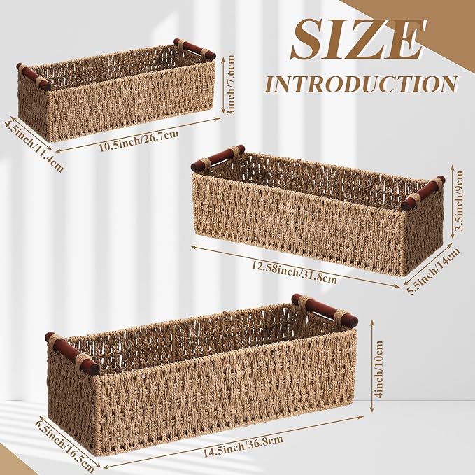 Boao 3 Pcs Boho Storage Wicker Baskets Handmade Woven Decorative Paper Rope - Image 2
