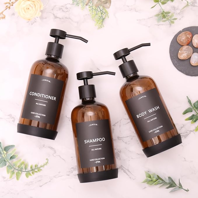 Shampoo and Conditioner Dispenser Set of 3, Refillable 21oz Shampoo Bottles - Image 2