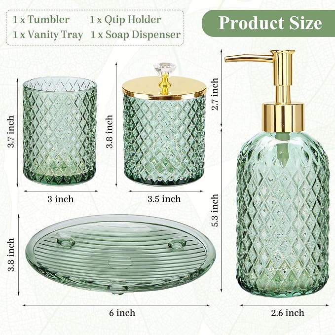 Green Bathroom Accessories 4Pcs of Glass Bathroom Counter Organizer Set - Image 4