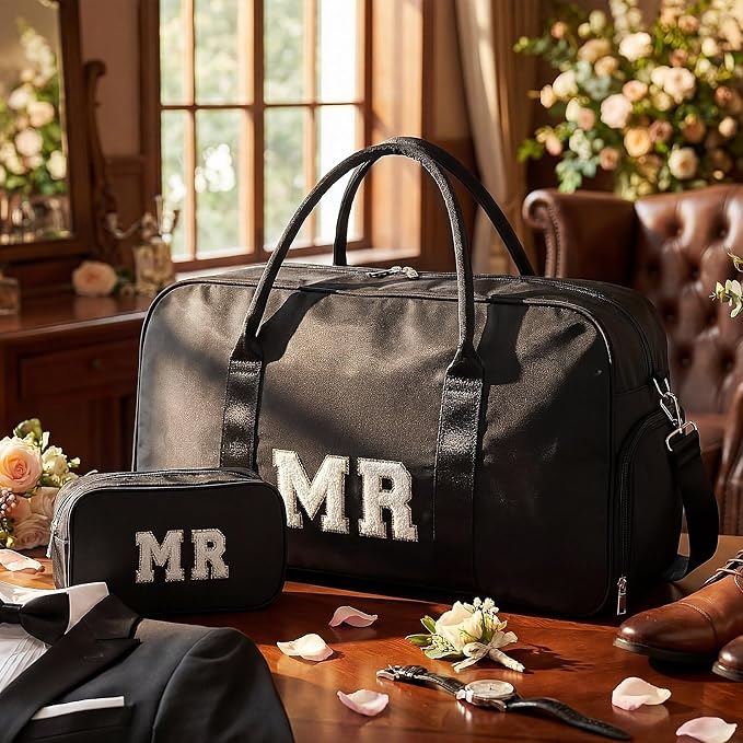 2 Pcs Wedding Weekender Bag Bride Groom Duffle Bag Chenille Letter Patch Travel - Image 2