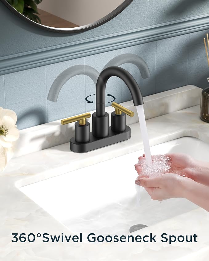 FORIOUS 4 in Black and Gold Bathroom Faucet Centerset, 2 Handle Matte Black - Image 2
