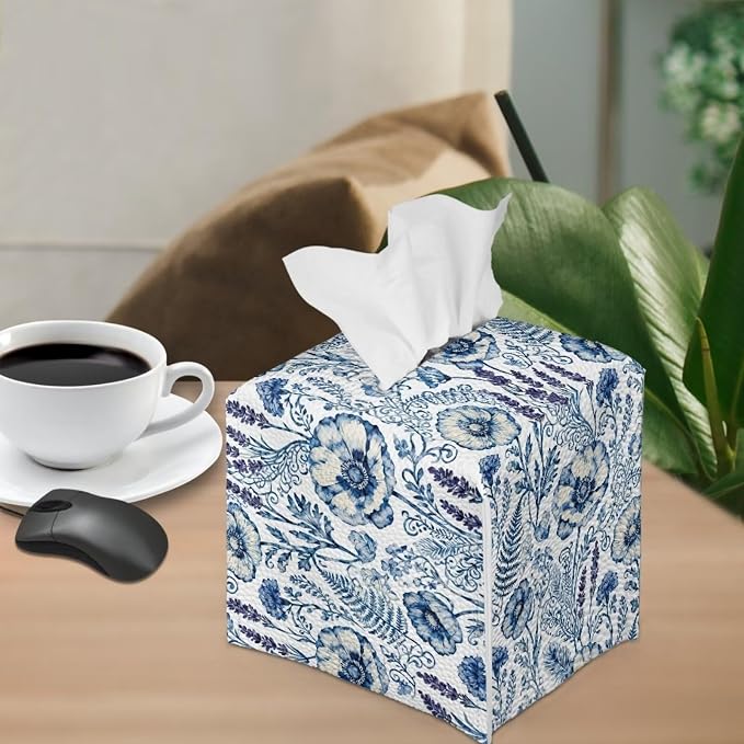 Blue Flowers Tissue Box Holder Square PU Leather Tissue Organizer Case - Image 4