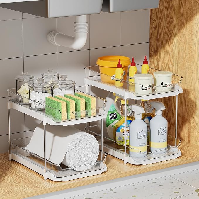 Delamu 3 Pack 2-Tier Bathroom Under Sink Organizers and Storage, Pull Out Clear - Image 6
