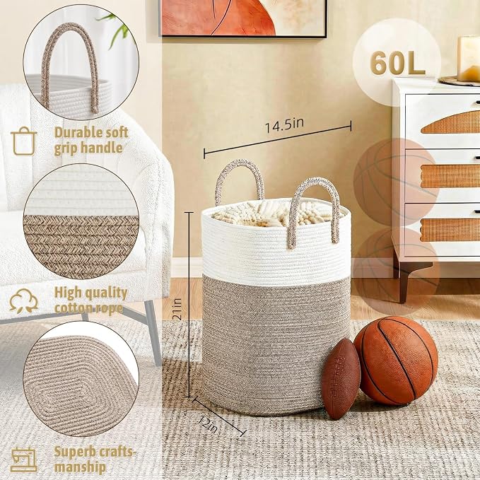 Laundry Basket, Woven Cotton Rope Laundry Hamper, Versatile Storage - Image 2