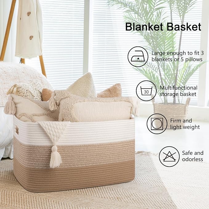 OIAHOMY Large Blanket Basket For Living Room, Rectangle Woven Baskets for - Image 6