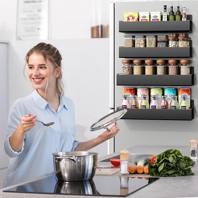 4 Pack Moveable Fridge Magnetic Spice Racks, Metal Black - Image 2