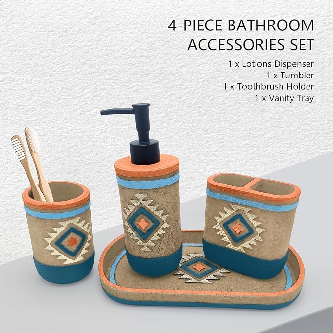 Bathroom Accessory Sets 4PCs Bathroom Set Complete Tribal Home Decor Southwest - Image 2