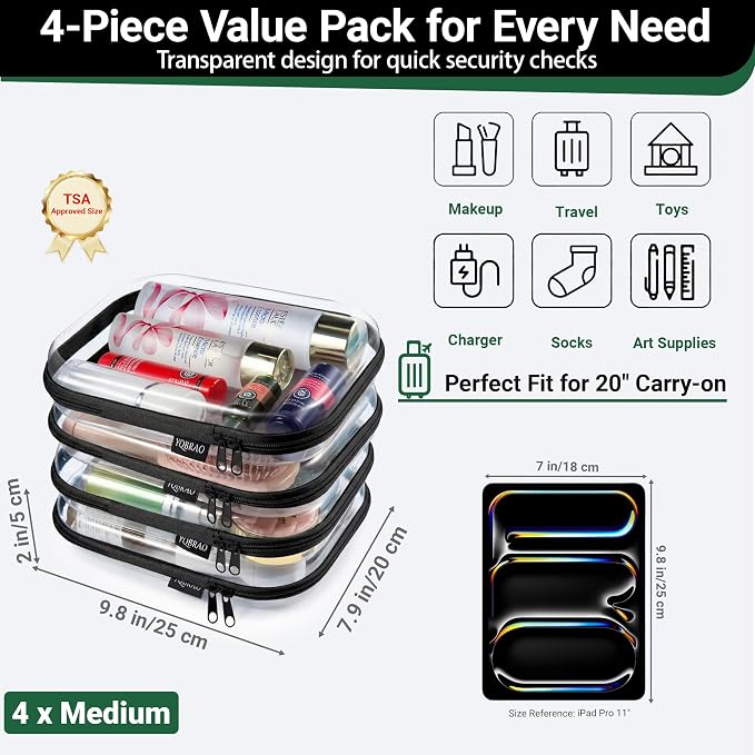 YQBRA 4 Pack Clear Hard Shell Zipper Case, See-Through Hard Plastic Organizer - Image 4
