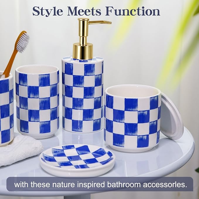 Ceramic Bathroom Soap Dispenser Set, Checkered Bathroom Vanity Set - Image 3