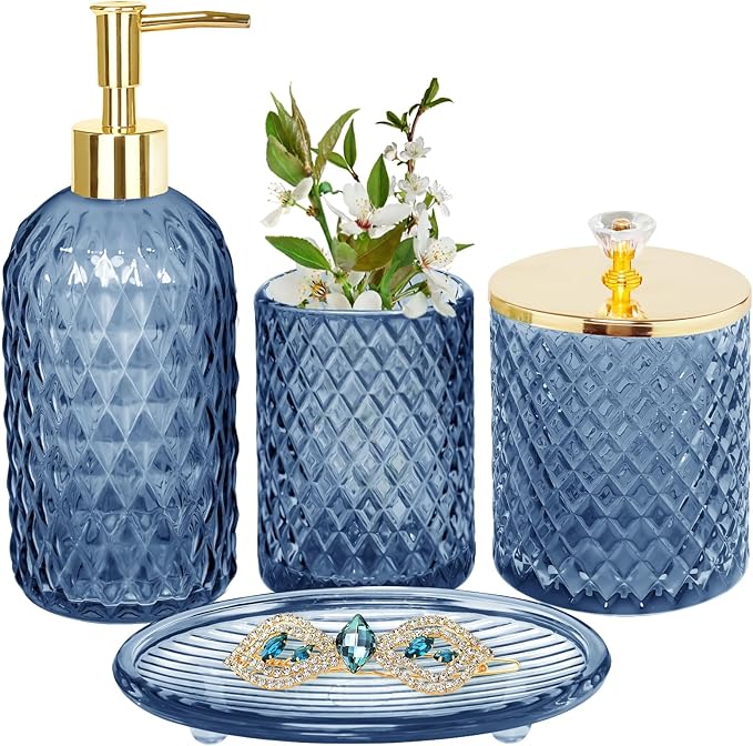 Blue Bathroom Accessories Set, Toothbrush Holder, Qtip Holder, Soap Dish by Haturi