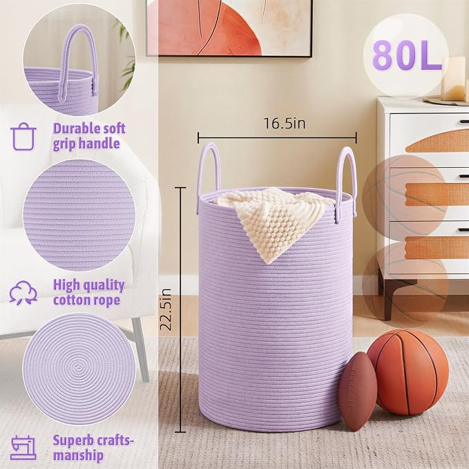 Laundry Basket, Woven Cotton Rope Laundry Hamper, 80L - Image 6