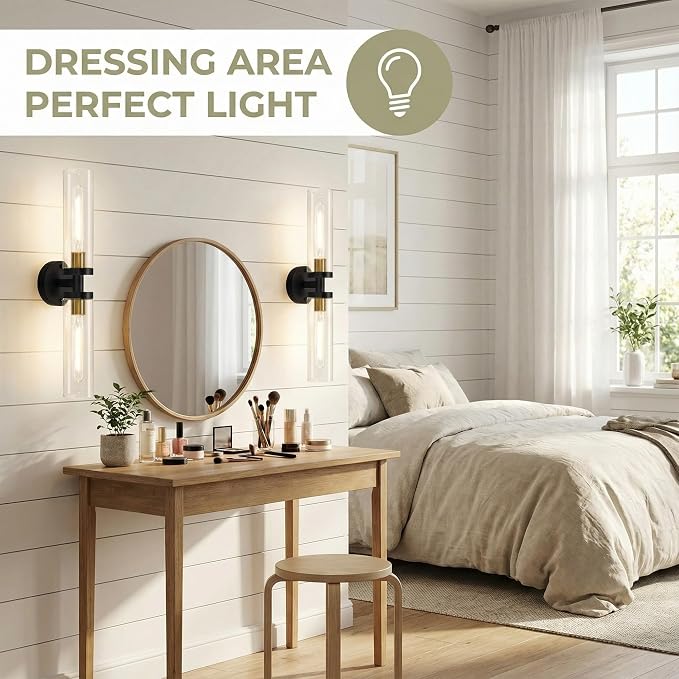 Black and Gold Wall Sconces Set of 2, Hardwired Bathroom Light Fixtures - Image 7