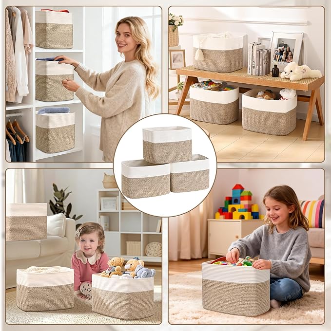 3 Pack Cube Storage Bin, 17”x12”x12” Cotton Rope Woven Baskets - Image 7