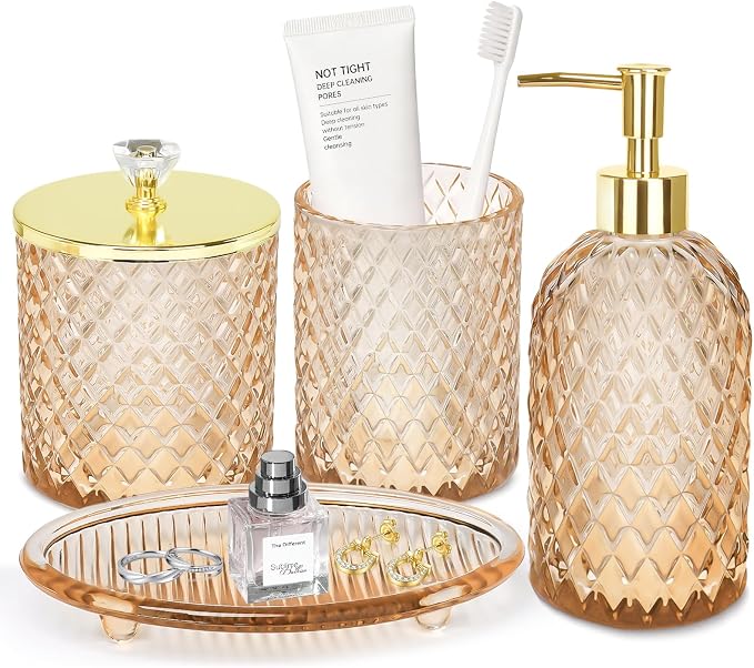 Jenseits Amber Glass Bathroom Accessories Set 4 Pcs by Jenseits