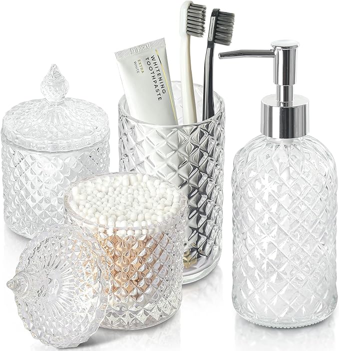 Bathroom Accessories Set, 4 Pack Clear Glass Bath Accessory Sets Complete by RYTOXILOBrightenUpYourHome