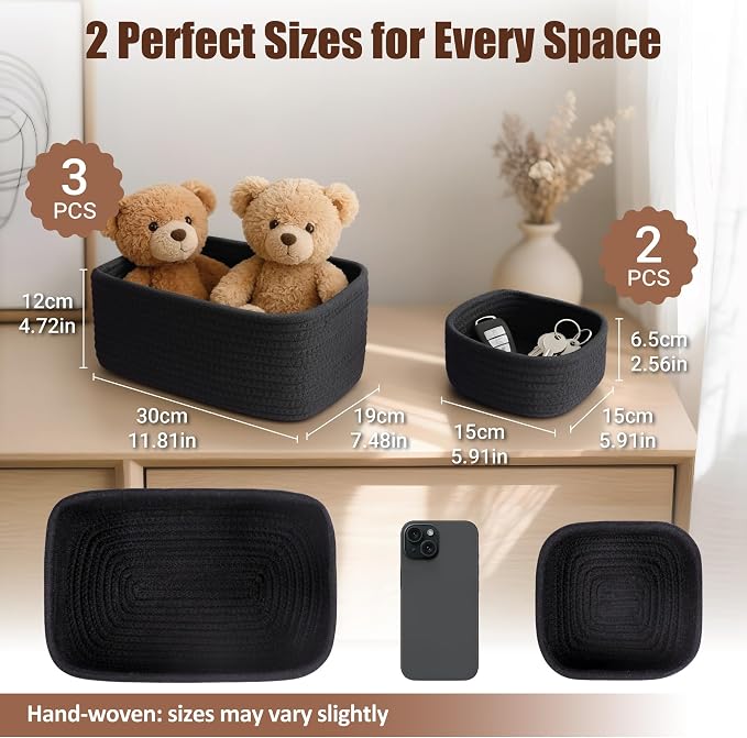 5-Pack Small Woven Rope Storage Baskets – 2 Sizes Organizer Bins - Image 2