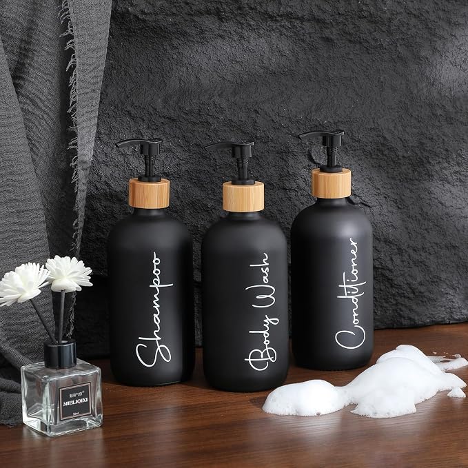 Glass Shampoo and Conditioner Pump Bottles Soap Dispenser Bamboo Pump Head - Image 6
