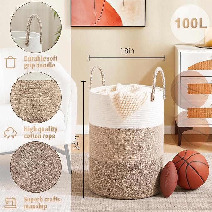 Laundry Basket, Woven Cotton Rope Laundry Hamper, 100L - Image 6